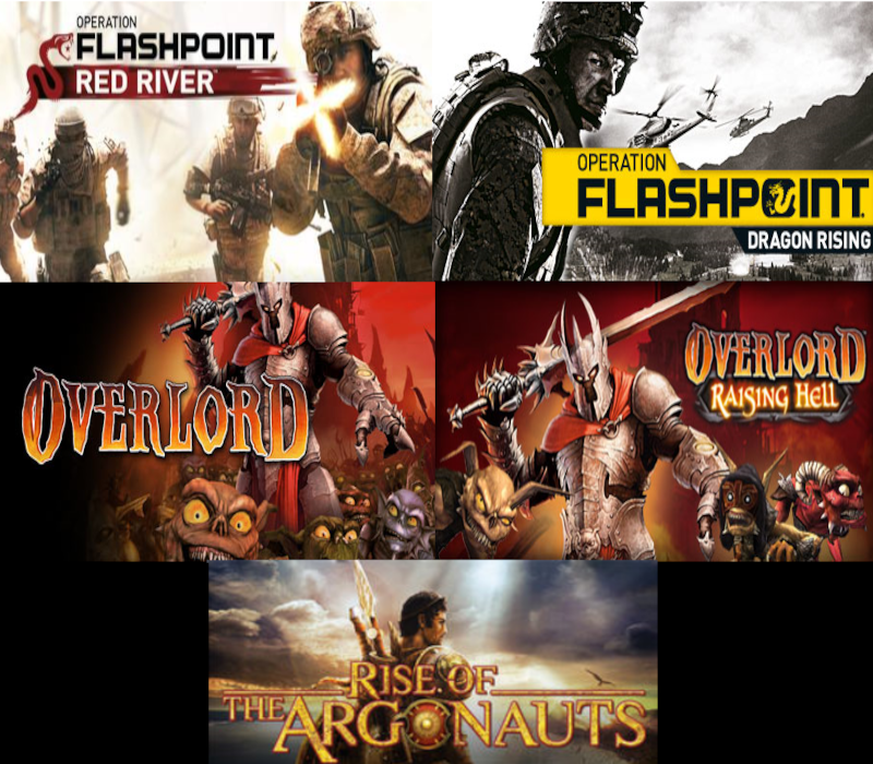 

Operation Flashpoint: Red River + Operation Flashpoint: Dragon Rising + Rise of the Argonauts + Overlord + Overlord: Raising Hell Bundle Steam CD Key